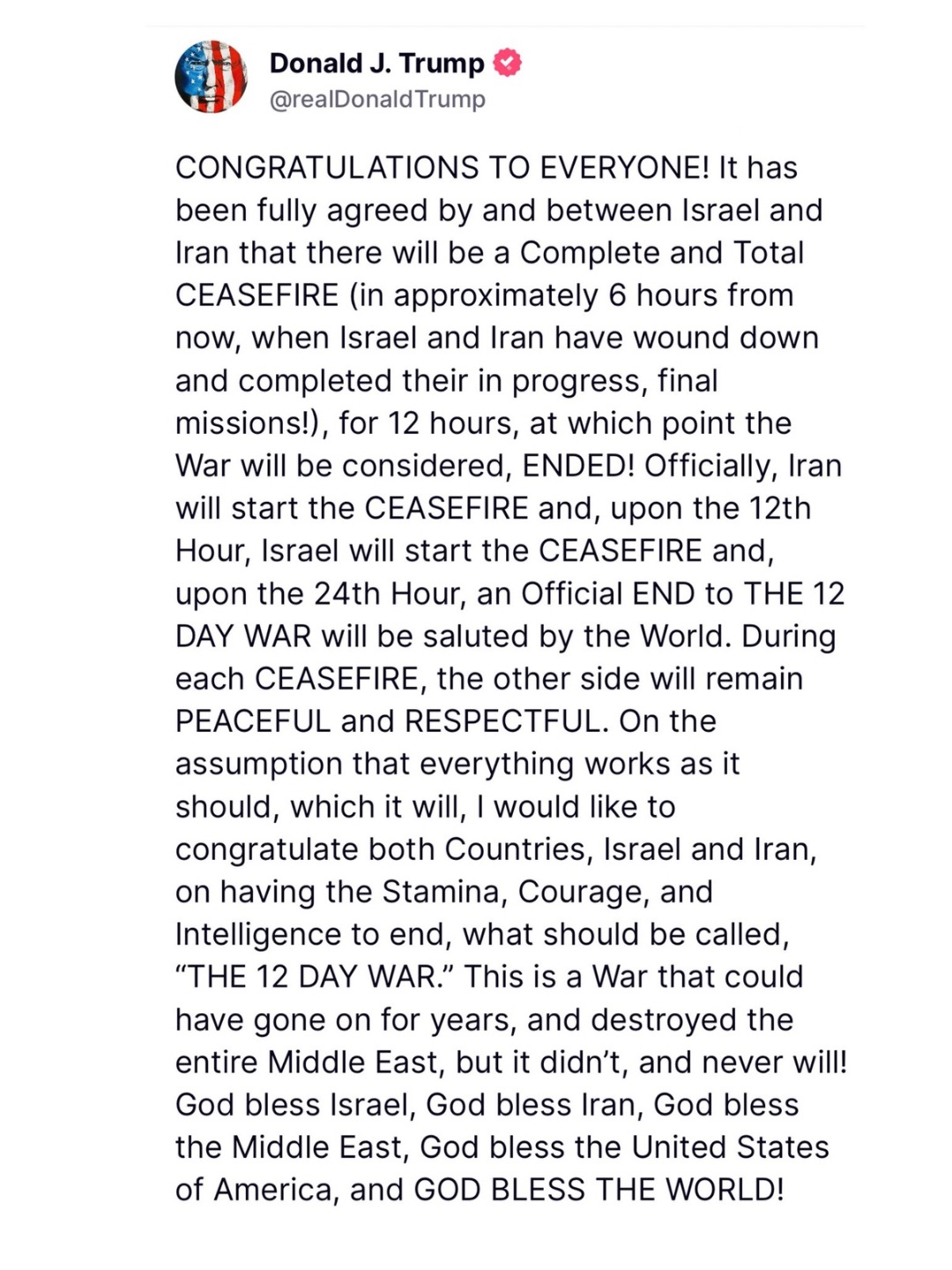 Donald Trump anuncia “cessar‑fogo completo e total” entre Israel e Irã