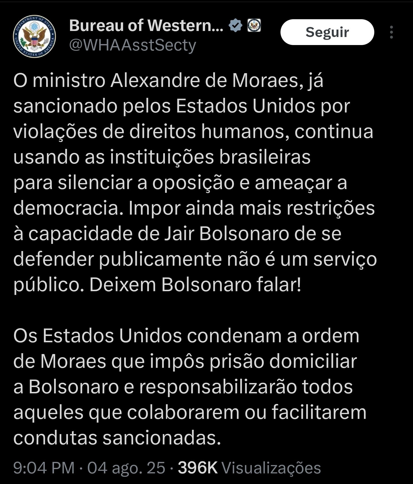 Governo dos EUA condena prisão domiciliar de Bolsonaro e acusa Moraes de ameaçar a democracia