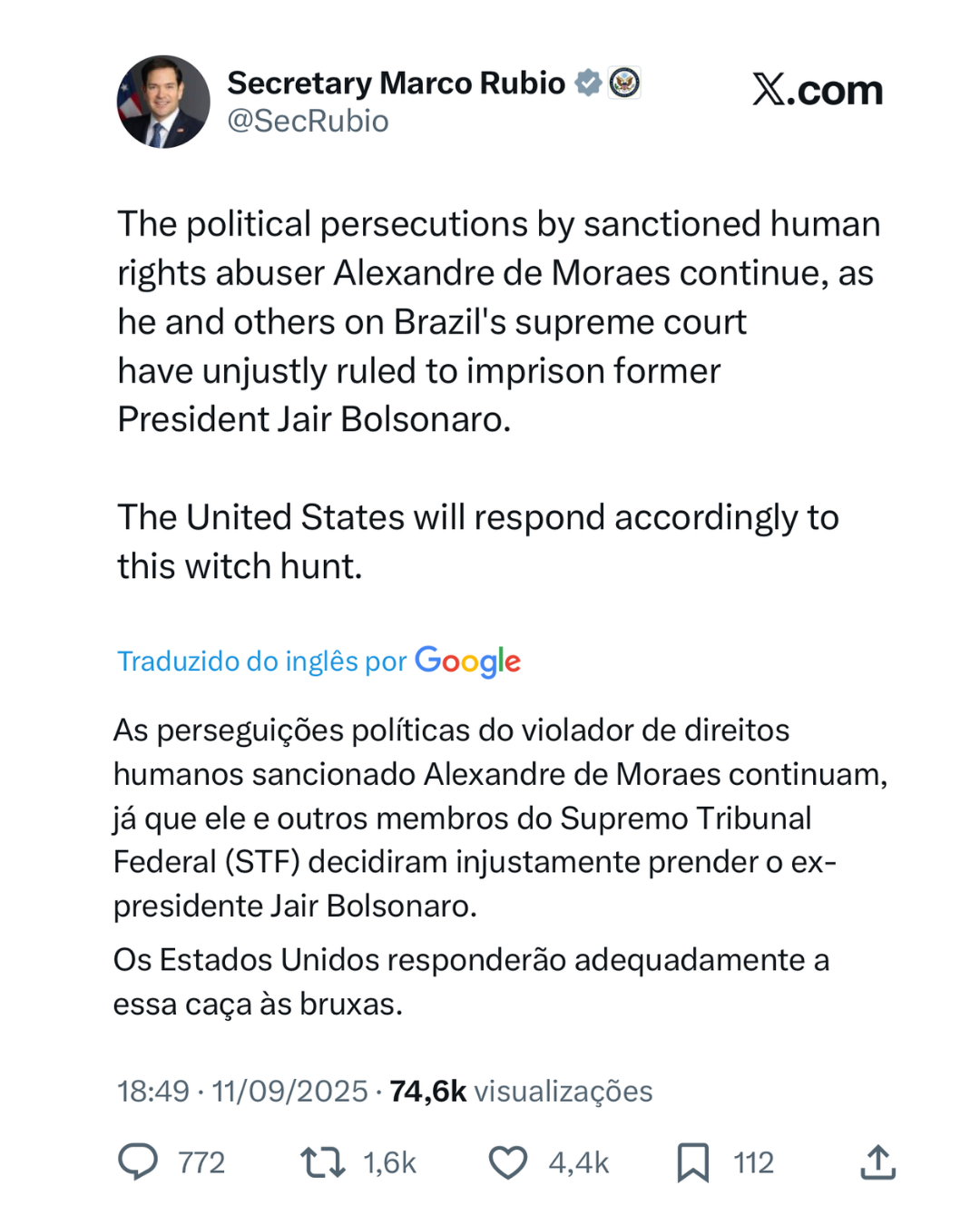 EUA prometem resposta à condenação de Bolsonaro: Marco Rubio classifica julgamento como “caça às bruxas”